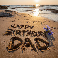 Happy Birthday Dad Clean Beach Message in Wet Sand with Blue Cornflower Accent, Low Angle Texture Detail and Golden Hour Sun Disc &ndash; great for greeting cards