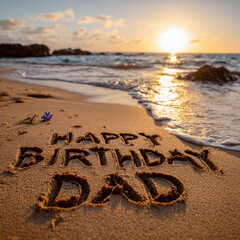 Happy Birthday Dad Written in Smooth Wet Sand with Sharp Legible Print, Blue Cornflower Beside Text and Calm Ocean Waves at Sunset &ndash; ideal for posters