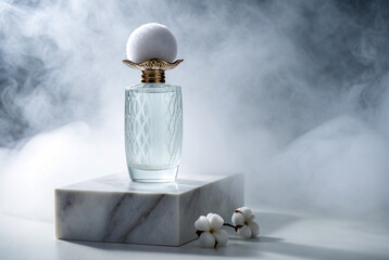 Cotton perfume stands in the fog on a white marble stone