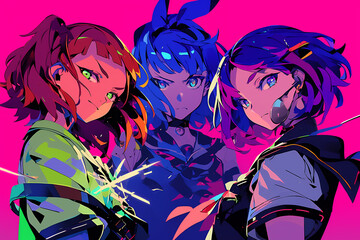 Naklejka premium Anime school girls with colorful hair