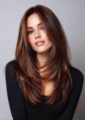 Fototapeta premium A young girl with mahogany hair in layers, a butterfly cut with soft waves, warm caramel highlights, glowing skin with light freckles, and wearing a black ribbing long-sleeve top.