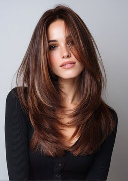 A young woman wearing a long-sleeve top with black ribbed details and voluminous layered brown hair, a butterfly cut that frames her face with soft waves and warm caramel highlights, and glowing skin 