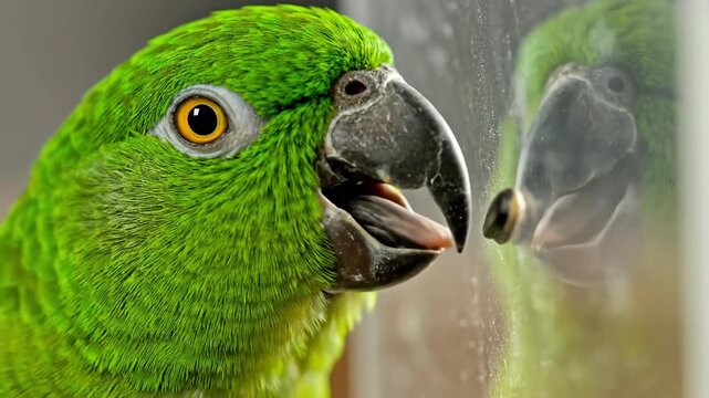 Bright green parrot gazing at its reflection in a clear surface