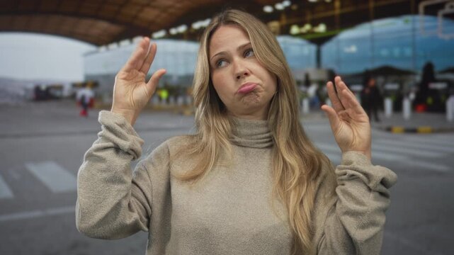 Blonde caucasian woman with bare hands making gossip gesture at airport terminal; sarcasm skepticism.