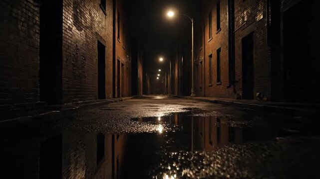Dark alleyway with brick buildings and puddles illuminated by streetlights