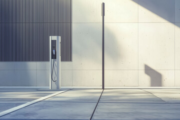 Minimalist electric vehicle charging station installed near a modern architectural facade, representing sustainable transportation, clean energy and future urban infrastructure