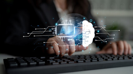 Concept of artificial intelligence and machine learning. A central processor transfers information to a cloud brain, representing a global neural network and deep learning. Fermion