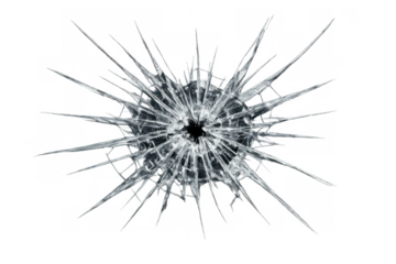 Glass breaking, creating a shattered impact with radial cracks and a clear bullet hole mark on transparent background
