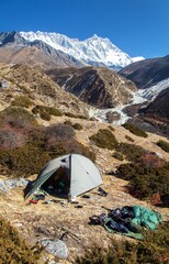 mount Lhotse and Nuptse South rock face and green tent