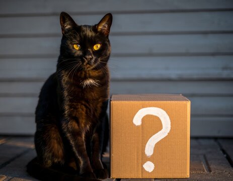 Schr&ouml;dinger&rsquo;s cat concept with black cat and mystery box, quantum physics paradox and uncertainty metaphor