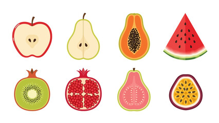 Collection of colorful, sliced tropical and common fruits isolated on a white background, showcasing diverse textures and seeds