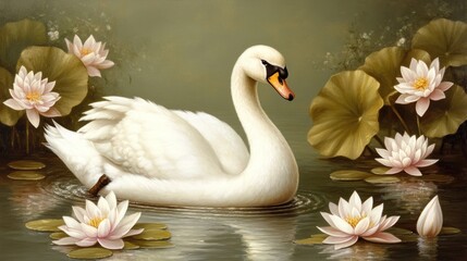 Obraz premium Majestic white swan glides amidst serene water lilies