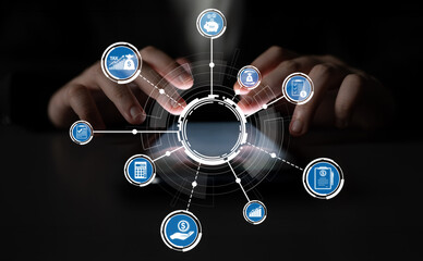 Hands interact with a digital tablet, showcasing various financial icons that illustrate modern technology and data management in business environments. Crux