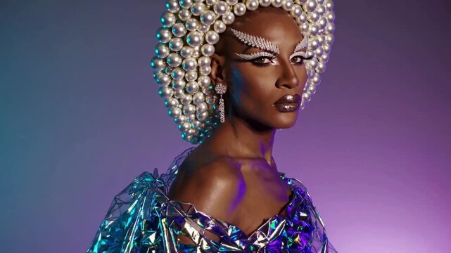Avant garde woman with pearl headpiece and futuristic makeup