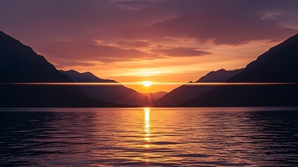 Golden sun setting between two mountain silhouettes over water.