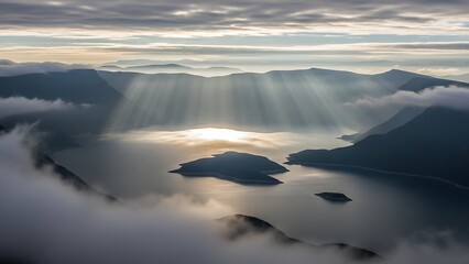 Heavenly light beams illuminate a tranquil mountain lake from above.