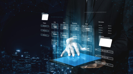 Project management system showing workflow stages, task progress, and review status. Task progress...