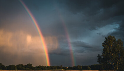 Double Rainbow Over Landscape with Trees.