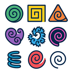 Vibrant geometric spiral designs in various shapes and colors