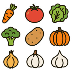 Colorful illustrations of vegetables: carrot, tomato, broccoli, pumpkin, garlic