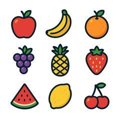 Colorful fruit sticker set featuring apple, banana, and cherry illustrations