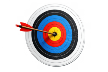 Arrow hitting bullseye on target board, symbolizing business success, accuracy, strategic goal achievement, and performance