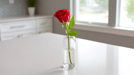 One Red Rose in Bottle on Table