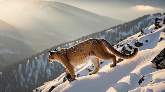 Majestic mountain lion traversing a snow-covered rocky slope at sunrise, highlighting its powerful physique and adaptation to harsh winter environments