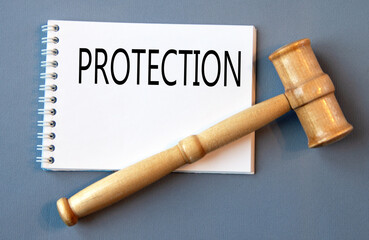 PROTECTION - word in a white notebook on a gray background with a judge's gavel