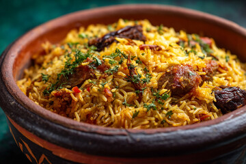 A close-up of spicy Comorian pilau rice, rich with meat and aromatic spices, served in a traditional communal bowl.