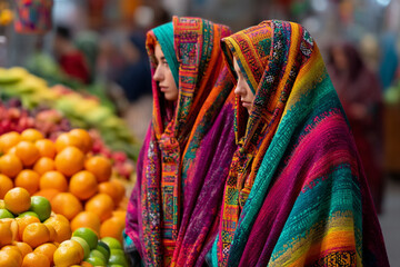 Women wearing brightly colored Shirazi wraps walking through markets showcasing tropical fruits and handmade crafts.