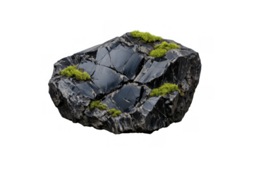 Black obsidian rock with vibrant green moss growing on its surface, isolated against a transparent background