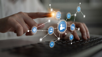 A conceptual image showcasing a user interacting with digital connections on a laptop, representing technology, communication, and networking in a modern business environment. Tessel