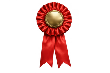 Red award ribbon rosette with blank golden badge symbolizing success, achievement, and winning