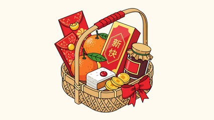 A festive gift basket filled with traditional Chinese New Year items like oranges, red envelopes, and gold coins, adorned with a red bow.
