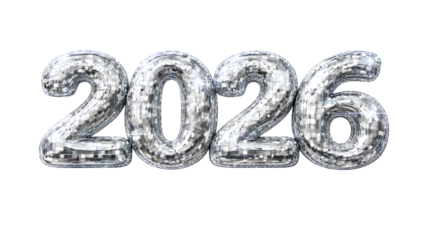 Silver Disco Ball Mirror Balloon Text 2026 3D Render