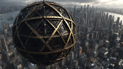 Futuristic metallic sphere hovers over dense cityscape, suggesting advanced technology and sci fi atmosphere.