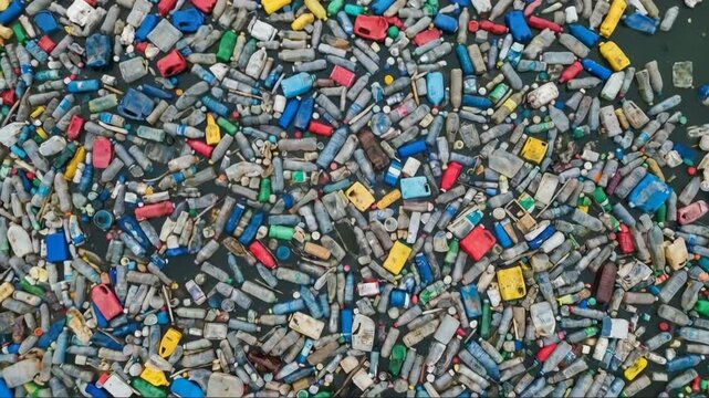 Somber aerial perspective of massive plastic waste accumulation in the ocean
