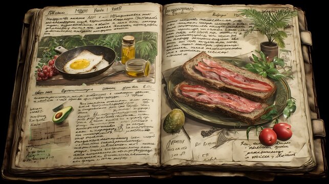 Vintage cookbook spread with fried egg, bacon sandwich, and handwritten recipes surrounded by herbs and ingredients.