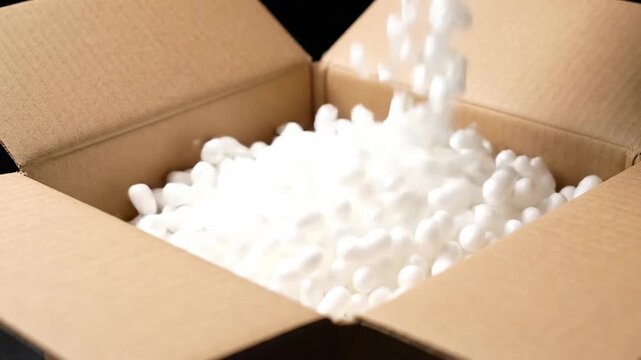 Open cardboard box with a white object falling into the container.