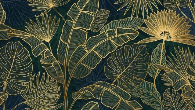 Tropical leaves and flowers illuminated with golden outlines against a dark background