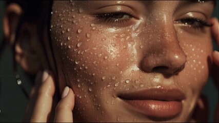 Close-up of dewy, hydrated skin with water droplets, perfect for promoting skincare routines, beauty products, and wellness campaigns