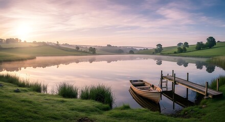 Fototapeta premium Tranquil lake scene with boat and dock reflecting peaceful nature at sunrise
