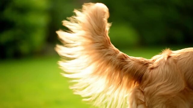 Golden fur of a dog wagging tail in green park, nature background