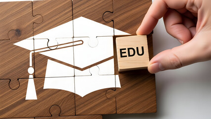 Person completing education puzzle with graduation cap