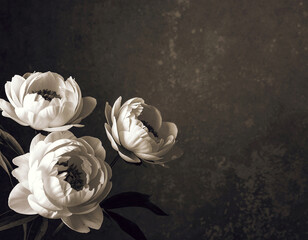 Sympathy card with bunch of white peony flowers on grunge background, copy space