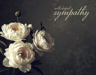 Sympathy card with bunch of white peony flowers on grunge background