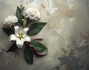 Sympathy card with bunch of flowers on grunge background, copy space