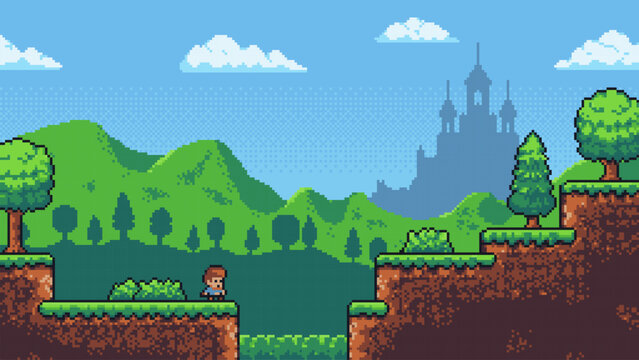 Pixel art game level with a boy walking on platforms towards a distant castle. Retro video game background for adventure and fantasy gaming.