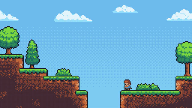 Pixel art game level with a man character navigating platforms. Retro video gaming concept for classic arcade platformer design.
